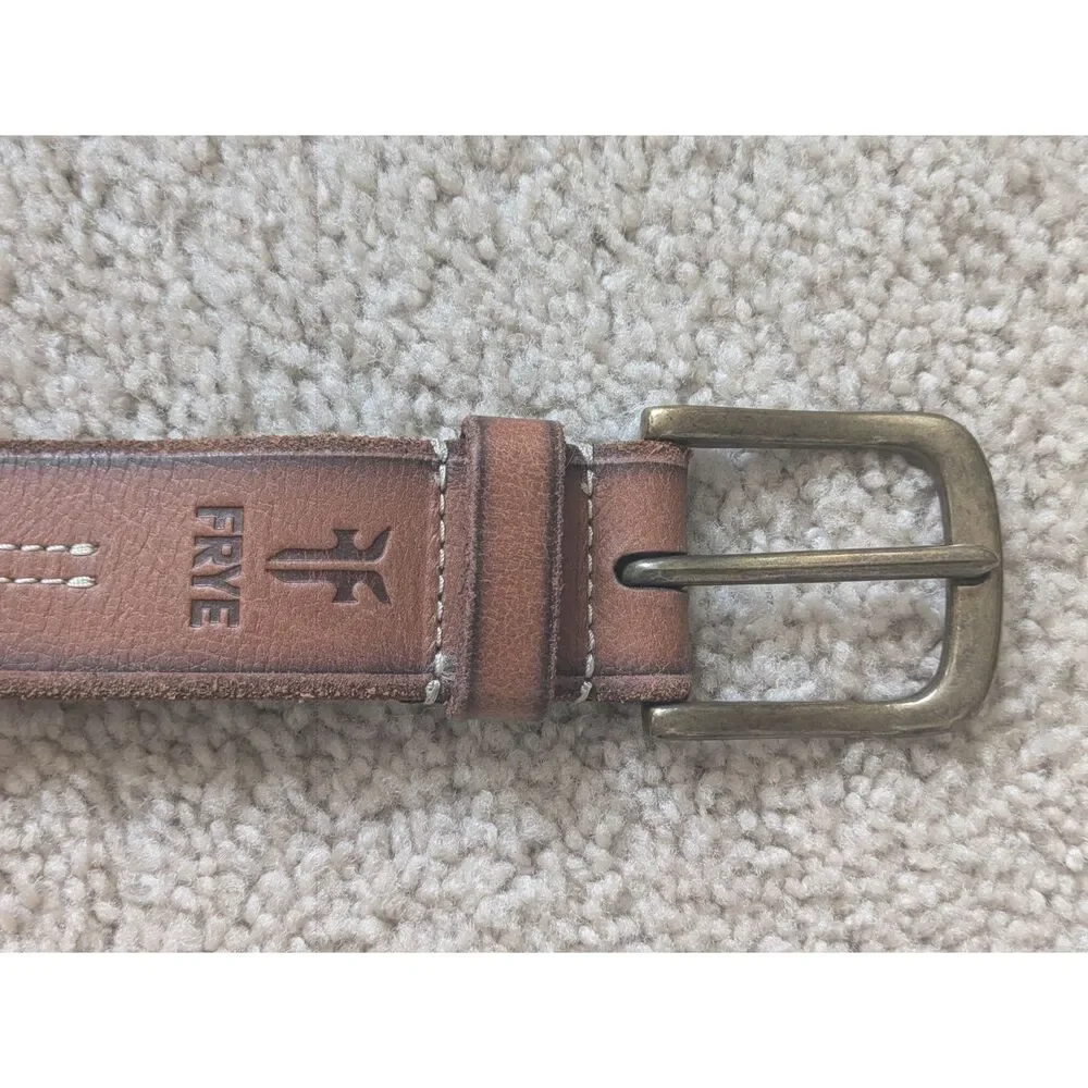 Frye Brown Leather Belt w/ White Contrast Stitching & Brass Hardware Sz 42